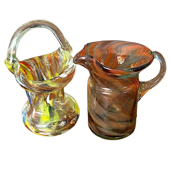 Hand Blown Multicolor Art Glass Pitcher & Basket (set of 2) - Picture 2 of 7